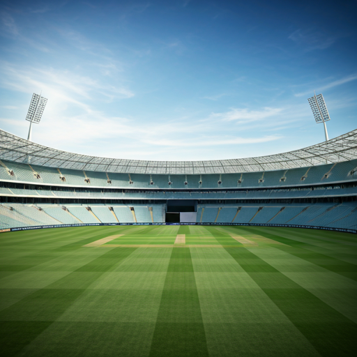 Overhead view of a futuristic glowing cricket stadium under soft evening light