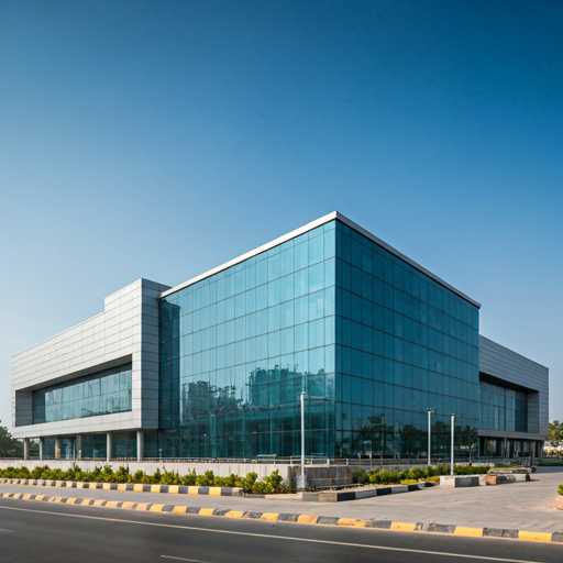 Modern glass convention center in Indore, bright daylight